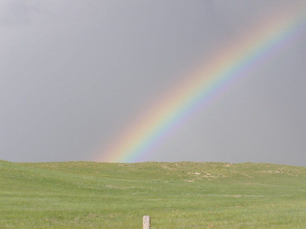 Bel paesaggio che infonde serenità con prato e arcobaleno