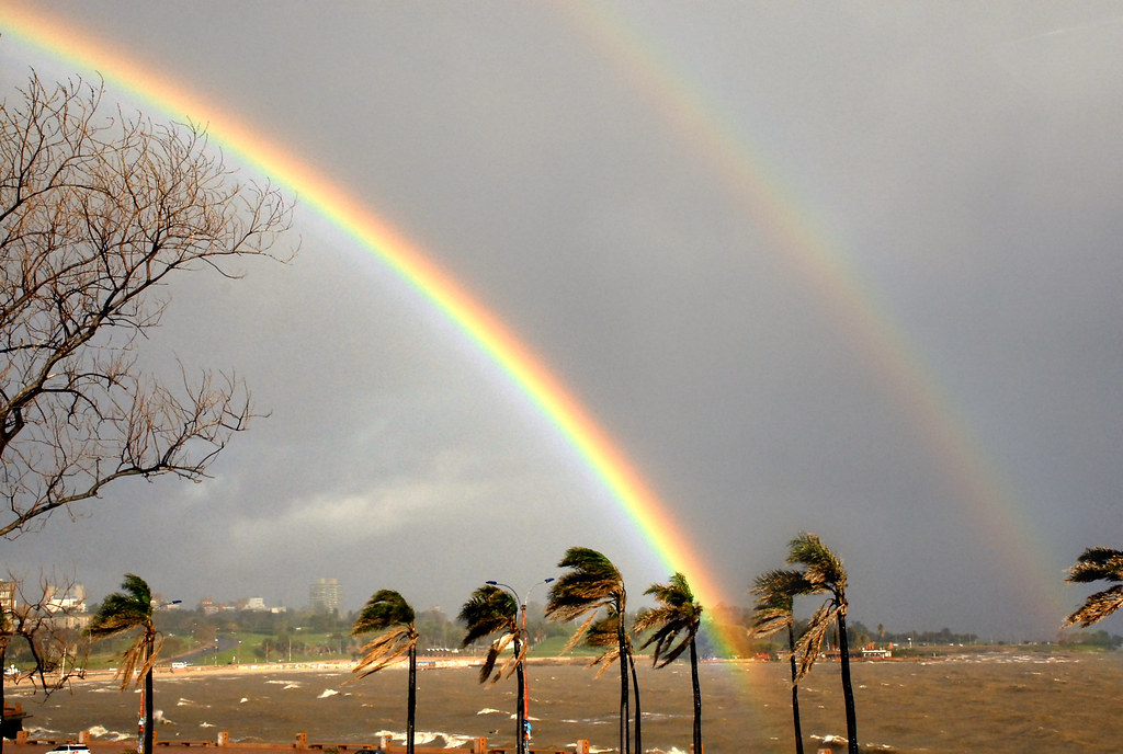 Doppio arcobaleno sopra palme mosse dal vento impetuoso