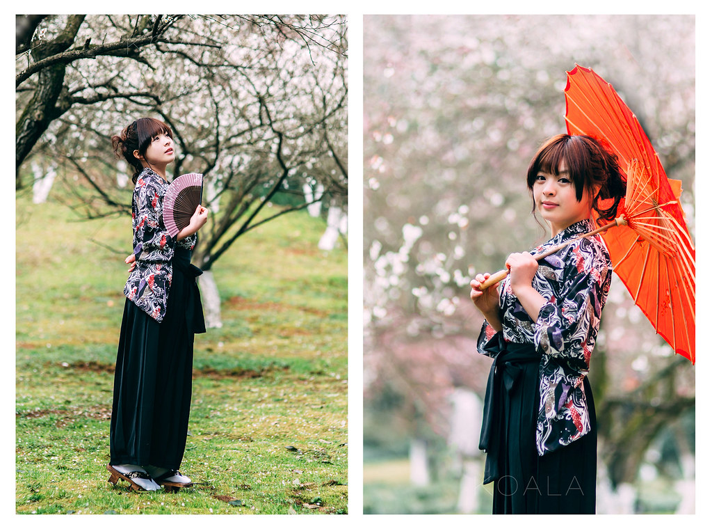 Graziosa ragazza giapponese in kimono tra bellissimi ciliegi in fiore