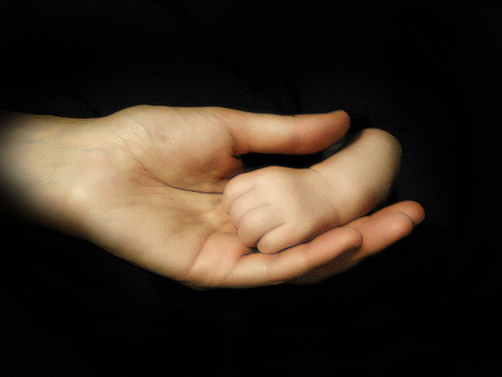 Mano piccola di bambino in mano grande di adulto