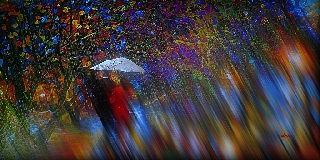 Scena romantica sotto ombrello simile a un dipinto
