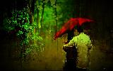 Abbraccio sotto ombrello rosso immersi nella natura
