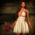 Avatar di bella ragazza con vestito bianco e fiori rossastri in mano