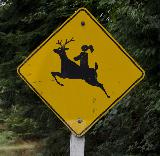 Immagine cartello Cartello stradale con cervo cavalcato da donna