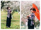 Immagine kimono Graziosa ragazza giapponese in kimono tra bellissimi ciliegi in fiore