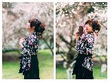 Immagine scatto Ragazza giapponese in doppio scatto tra rami di alberi in fiore